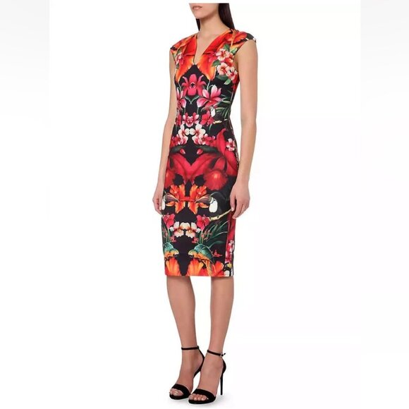 TED BAKER Bismii Toucan Print Multicolor Tropical Black Bodycon Midi Dress - Picture 3 of 14